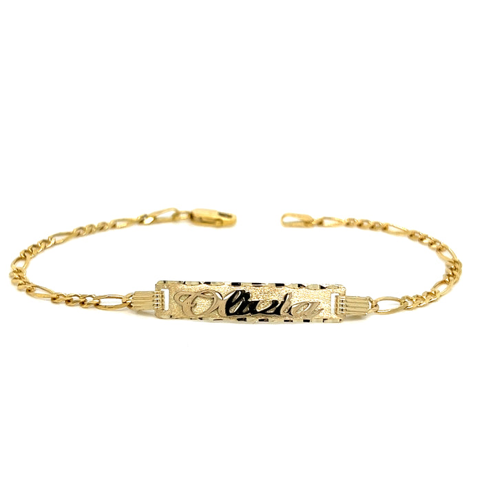 Gold Baby ID Bracelet 14k – Custom Name Plate - Raised Lettering - Solid Figaro Chain