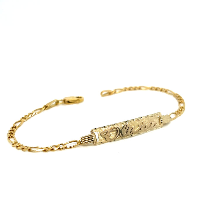 Gold Baby ID Bracelet 14k – Custom Name Plate - Raised Lettering - Solid Figaro Chain