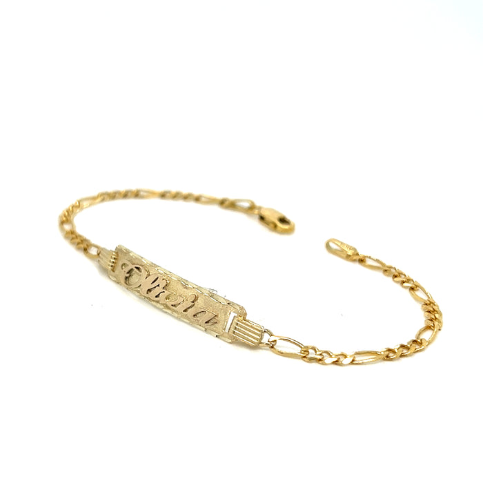 Gold Baby ID Bracelet 14k – Custom Name Plate - Raised Lettering - Solid Figaro Chain