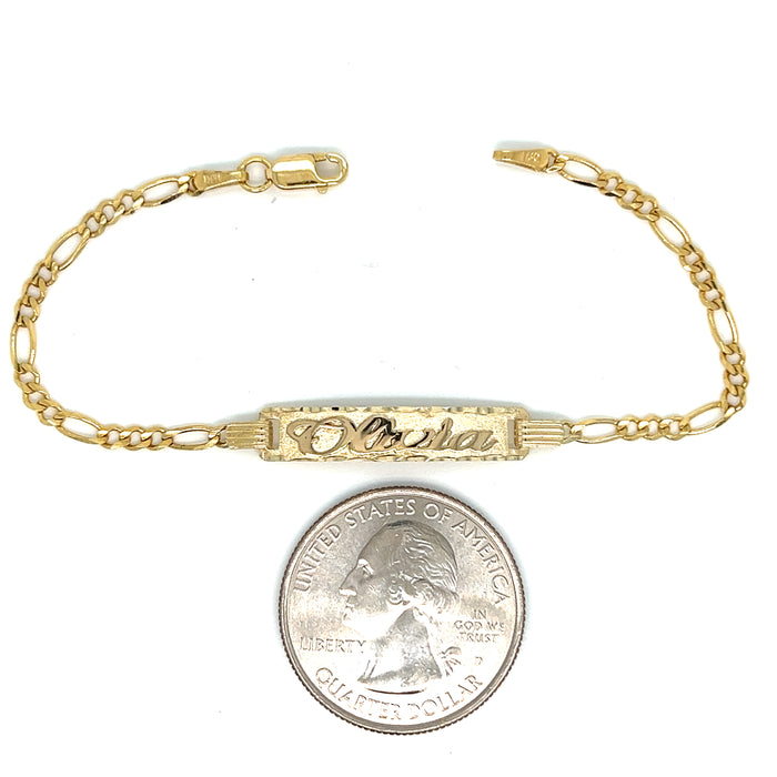Gold Baby ID Bracelet 14k – Custom Name Plate - Raised Lettering - Solid Figaro Chain