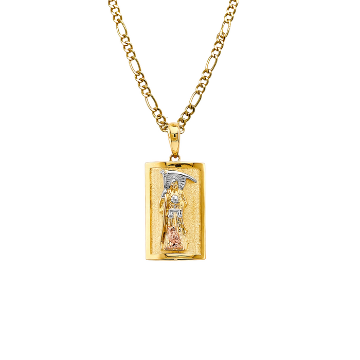 14k Gold Santa Muerte Necklace - Two Tone High Polish Santa Muerte Gold Pendant - Solid Chain - LE3011