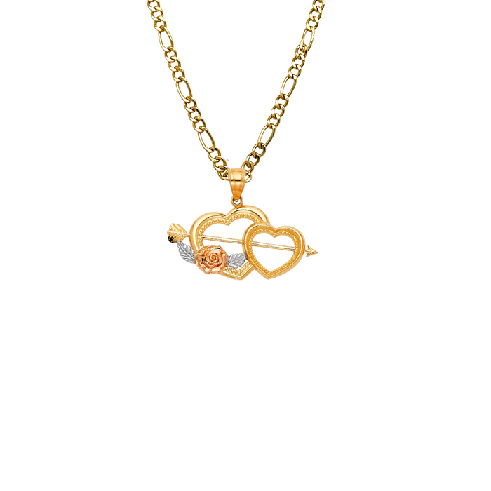14k Gold Heart Necklace - Tri Tone Flower Arrow Gold Heart Pendant - Solid Chain - LE0418