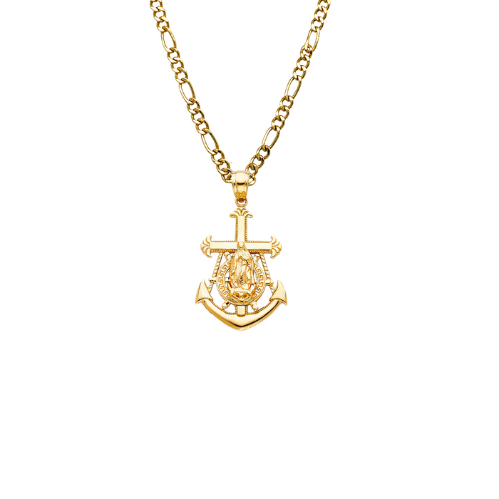 14k Gold Virgin Mary Necklace - Anchor Virgin Mary Gold Pendant - Solid Chain - LE1230
