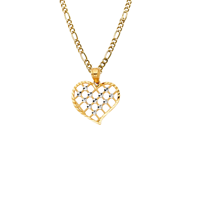 14k Gold Heart Necklace - Two Tone Gold Heart Pendant - Solid Chain - LE0426
