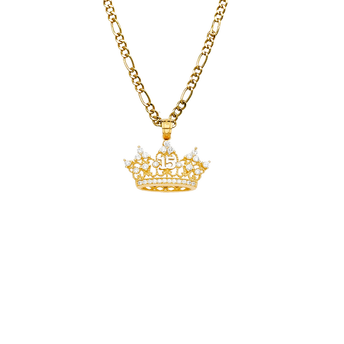 14k Quince Gold Necklace - Gemstone Crown 15 Gold Pendant - Solid Chain - LE2145