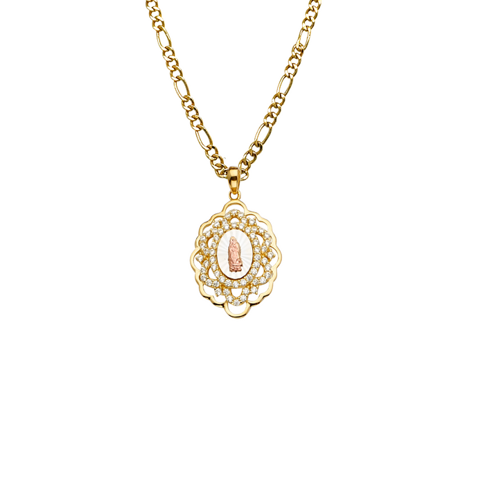 14k Gold Virgin Mary Necklace - Gemstone Fancy Virgin Mary Gold Pendant - Solid Chain - LE2288