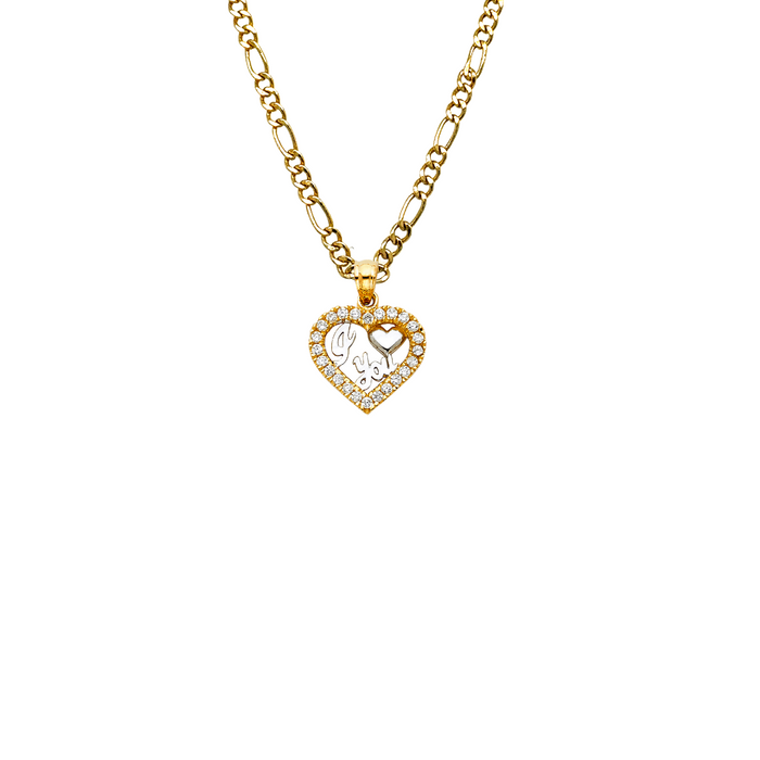 14k Gold Heart Necklace - Two Tone I Love You Gemstone Gold Heart Pendant - Solid Chain - LE1817