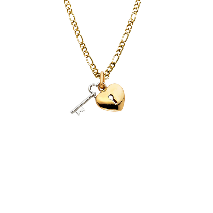 14k Gold Heart Necklace - Key Heart Gold Pendant - Solid Chain - LE0451