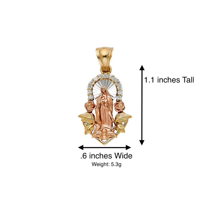 14k Gold Virgin Mary Necklace - Two Tone Gemstone Virgin Mary Gold Pendant - Solid Chain - LE0967