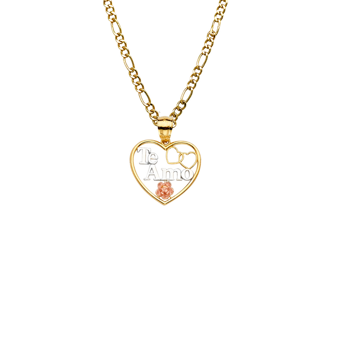 14k Gold Heart Necklace - Tri Tone Te Amo Flower Gold Heart Pendant - Solid Chain - LE2378