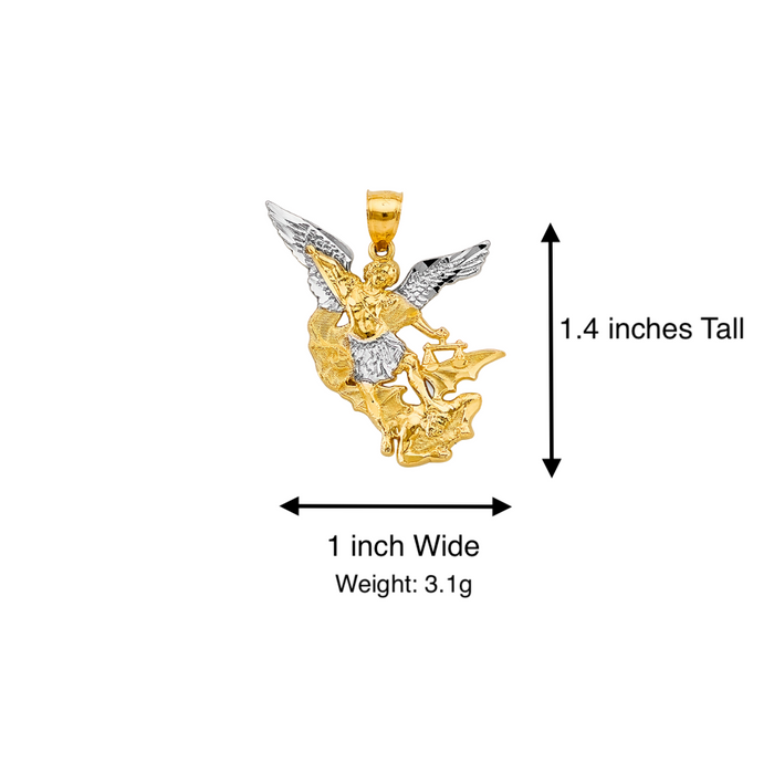 14k Gold Saint Michael Pendant - Two Tone Archangel Gold Pendant - Solid Chain - LE2777