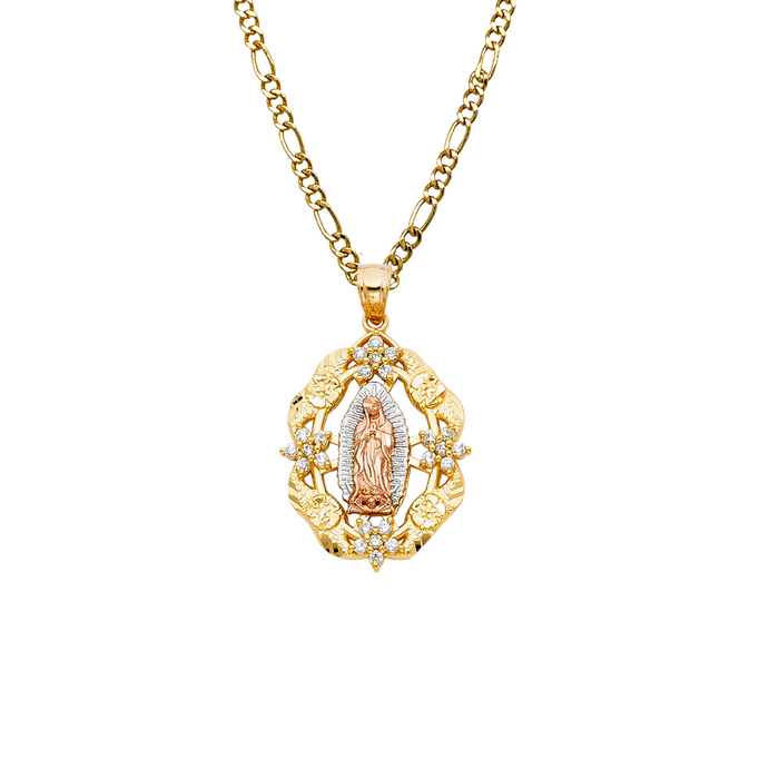 14k Gold Virgin Mary Necklace - Tri Tone Gemstone Flower Virgin Mary Gold Pendant - Solid Chain - LE1110