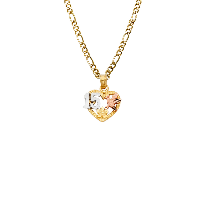 14k Quince Gold Necklace - Tri Tone Heart Flower Dove 15 Gold Pendant - Solid Chain - LE1911