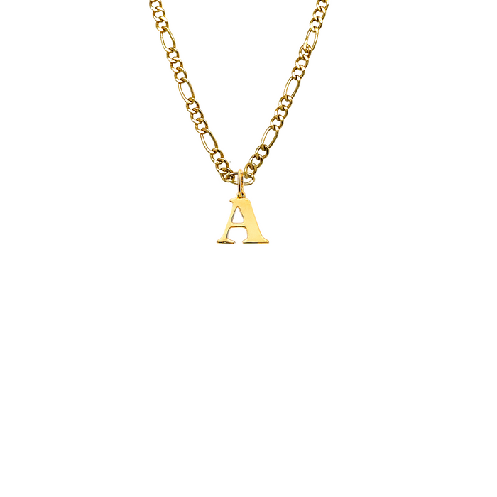 14k Gold Initial Necklace - High Polish Block Letter Initial Gold Pendant - Solid Figaro Chain - LE3247FC