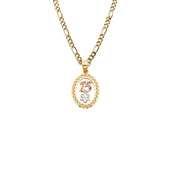 14k Quince Gold Necklace - Tri Tone Flower 15 Gold Pendant - Solid Chain - LE1904