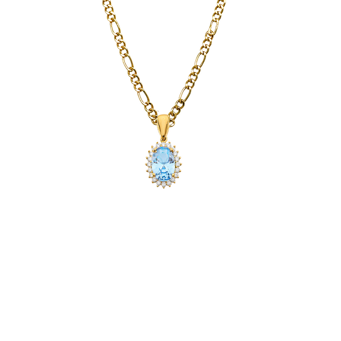 14k Gold Birthstone Necklace - March Oval Gemstone Gold Pendant - Solid Chain - LE303703