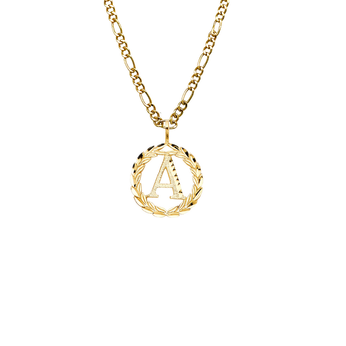 14k Gold Initial Necklace - Diamond Cut Wreath Initial Gold Pendant - Solid Figaro Chain - LE2050FC