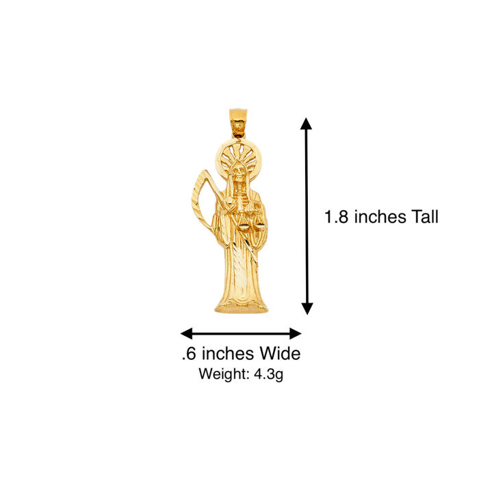 14k Gold Santa Muerte Necklace - Diamond Cut Santa Muerte Gold Pendant - Solid Chain - LE1157