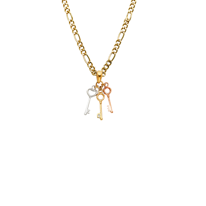 14k Gold Heart Necklace - Tri Tone Heart Keys Gold Pendant - Solid Chain - LE0466