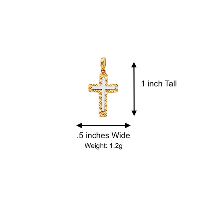 14k Gold Cross Necklace - Two Tone Textured Gold Cross - Solid Chain - LE2730
