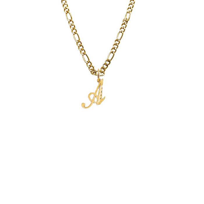 14k Gold Initial Necklace - Diamond Cut Cursive Initial Gold Pendant - Solid Figaro Chain - LE2055FC