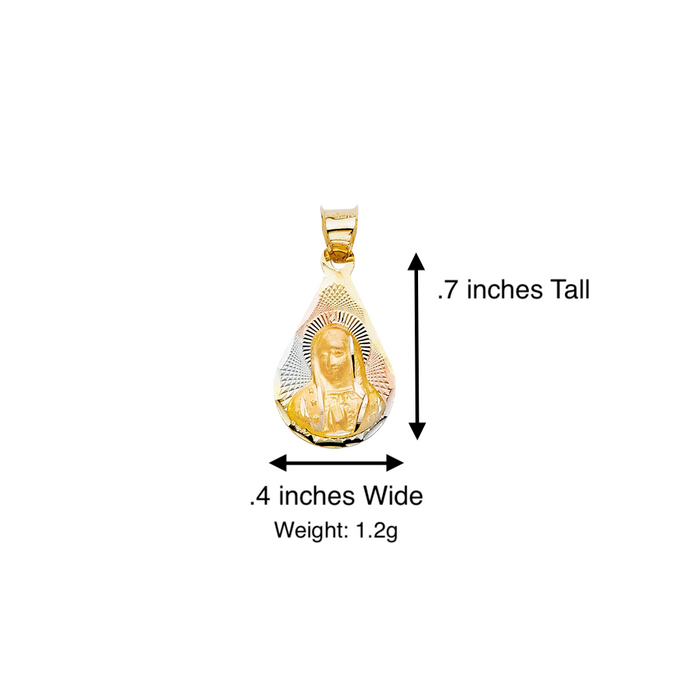 14k Gold Virgin Mary Necklace - Tri Color Diamond Cut Teardrop Virgin Mary Gold Pendant - Solid Chain - LE2082