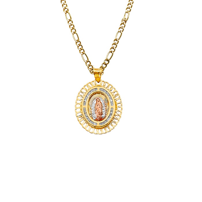 14k Gold Virgin Mary Necklace - Oval Gemstone Virgin Mary Gold Pendant - Solid Chain - LE2724