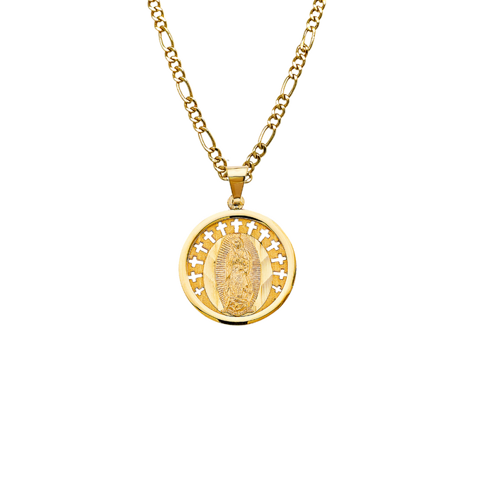 14k Gold Virgin Mary Necklace - High Polish Round Bezel Virgin Mary Gold Pendant - Solid Chain - LE3061