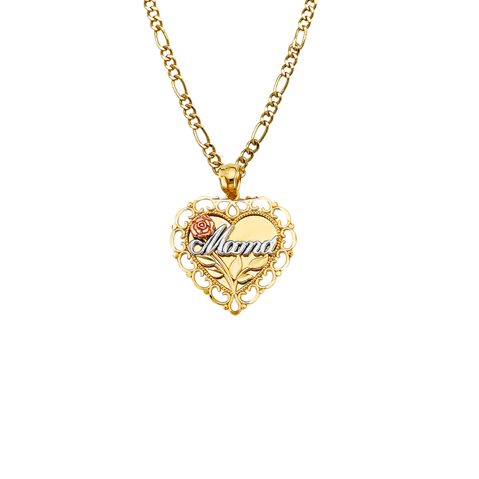 14k Gold Mom Necklace - Tri Tone Round Mama Heart Gold Pendant - Solid Chain - LE2690