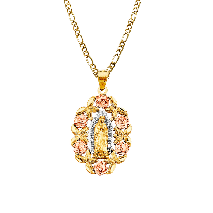 14k Gold Virgin Mary Necklace - Tri Tone Roses Virgin Mary Gold Pendant - Solid Chain - LE2949