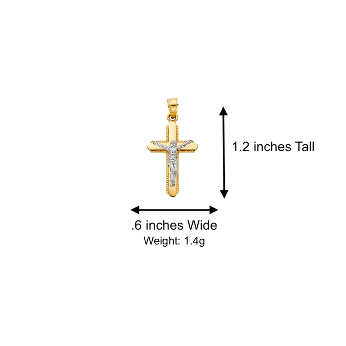 14k Gold Cross Necklace - Two Tone Beaded Edge Gold Crucifix - Solid Chain - LE0041