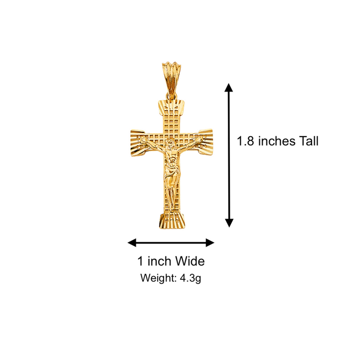 14k Gold Cross Necklace - Checkered Diamond Cut Large Gold Crucifix - Solid Figaro Chain - LE2921