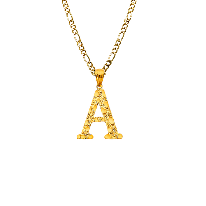 14k Gold Initial Necklace - Gold Nugget Design Initial Gold Pendant - Solid Figaro Chain - LE3241FC