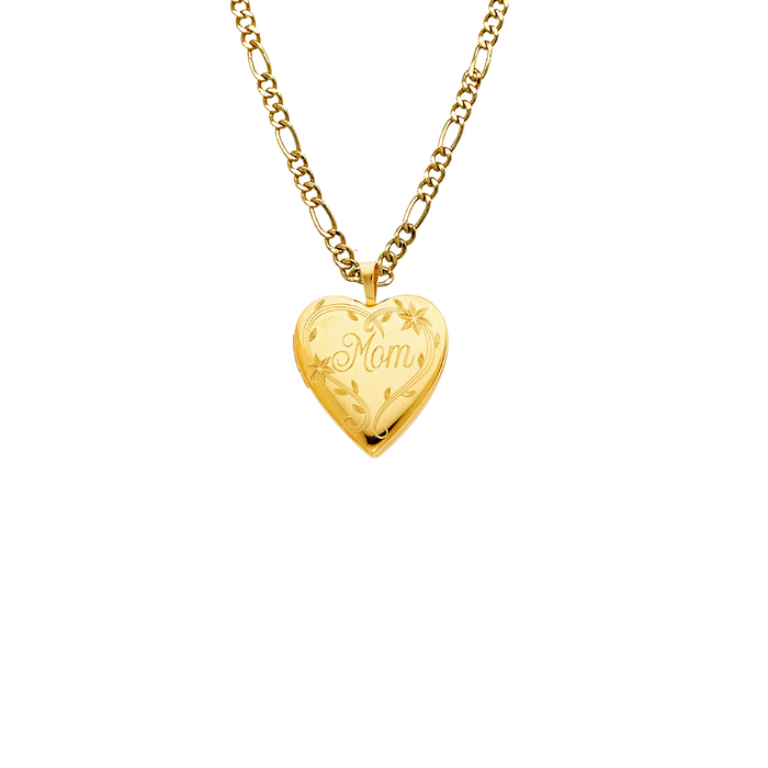 14k Gold Mom Necklace - Mom Heart Picture Locket Gold Pendant - Solid Chain - LE2027
