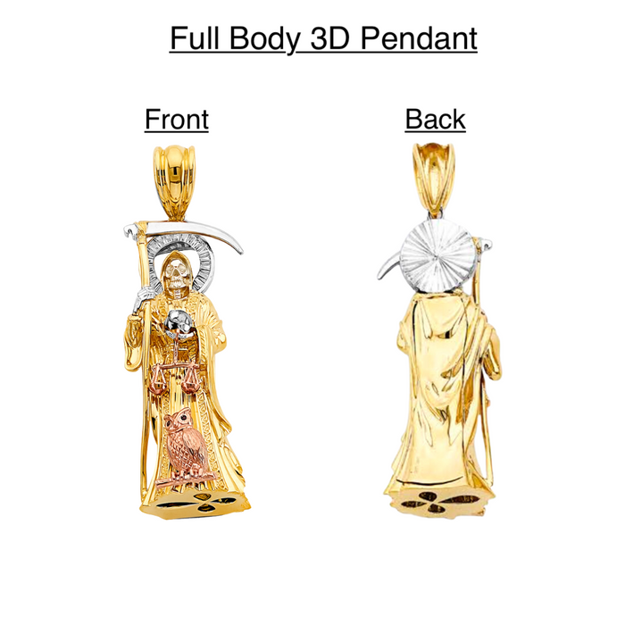 14k Gold Santa Muerte Necklace - XLarge 3D Full Body Gemstone Halo Santa Muerte Gold Pendant - Solid Chain - LE3008