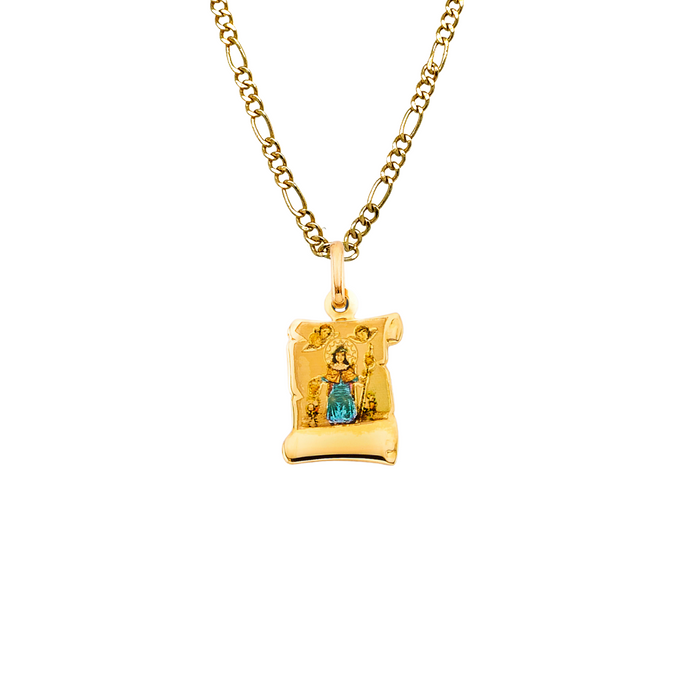 14k Gold Santo Nino de Atocha Necklace - Colored Scroll Gold Pendant - Solid Chain - LE3141