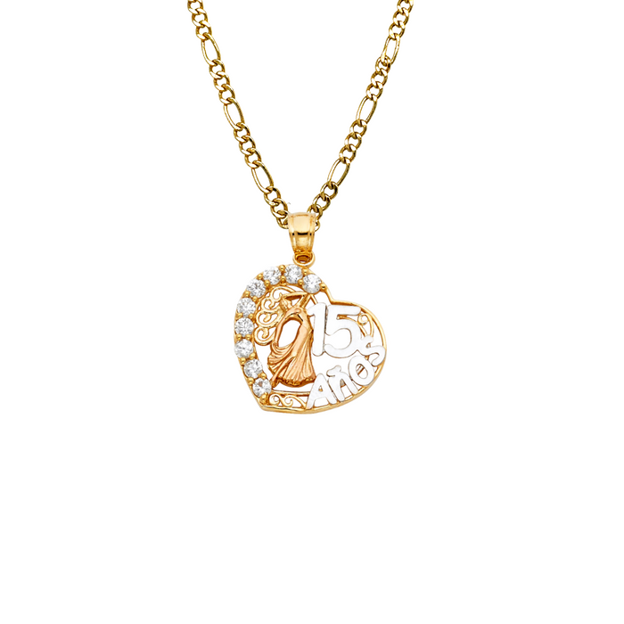 14k Quince Gold Necklace - Tri Tone Heart Gemstone 15 Años Gold Pendant - Solid Chain - LE1874