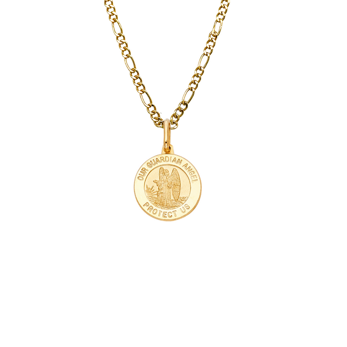 14k Gold Saint Michael Pendant - Round High Polish Gold Pendant - Solid Chain - LE0283