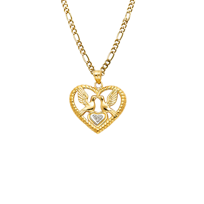 14k Gold Heart Necklace - Love Birds Gemstone Gold Heart Pendant - Solid Chain - LE1499
