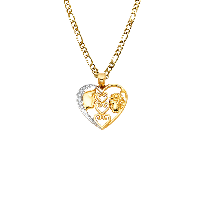 14k Gold Mom Necklace - Mother Daughter Two Tone Heart Gold Pendant - Solid Chain - LE0421