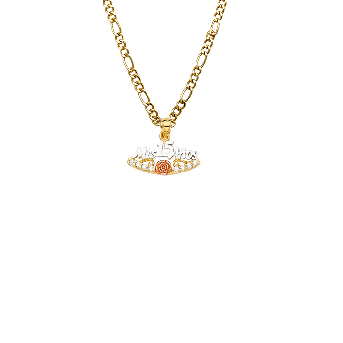 14k Quince Gold Necklace - Gemstone Flower Mis 15 Años Gold Pendant - Solid Chain - LE2357