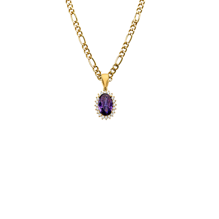 14k Gold Birthstone Necklace - February Oval Gemstone Gold Pendant - Solid Chain - LE303702