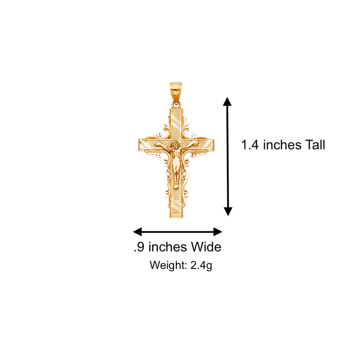 14k Gold Cross Necklace - Fancy Ornate Gold Crucifix - Solid Chain - LE0992