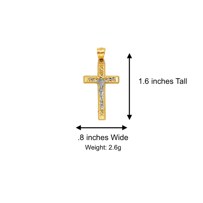 14k Gold Cross Necklace - Two Tone Nugget Design Gold Crucifix - Solid Figaro Chain - LE2592