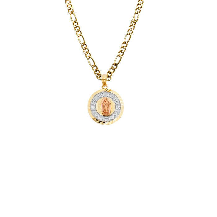 14k Quince Gold Necklace - Tri Tone Virgin Mary Mis 15 Años Gold Pendant - Solid Chain - LE1895