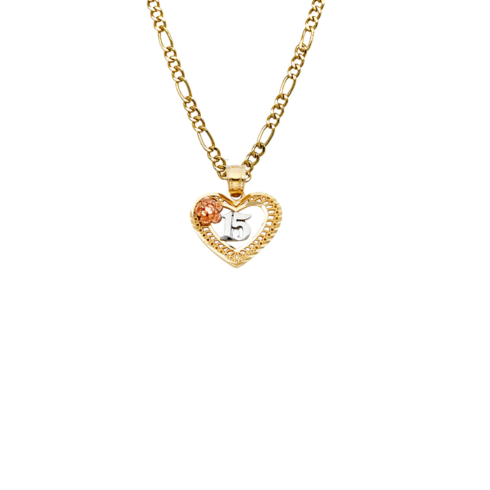 14k Quince Gold Necklace - Tri Tone Flower Heart 15 Gold Pendant - Solid Chain - LE0361