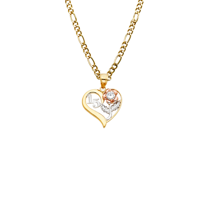 14k Quince Gold Necklace - Tri Tone Gemstone Heart Flower 15 Años Gold Pendant - Solid Chain - LE0359