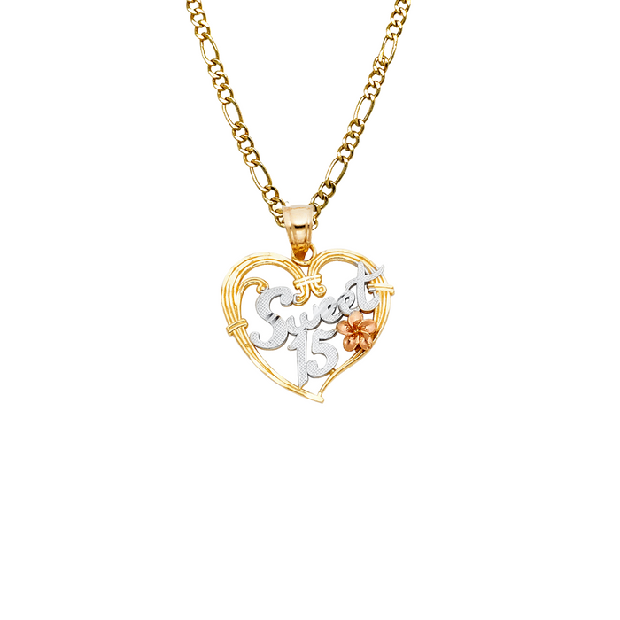 14k Quince Gold Necklace - Tri Tone Heart Flower 15 Gold Pendant - Solid Chain - LE1908