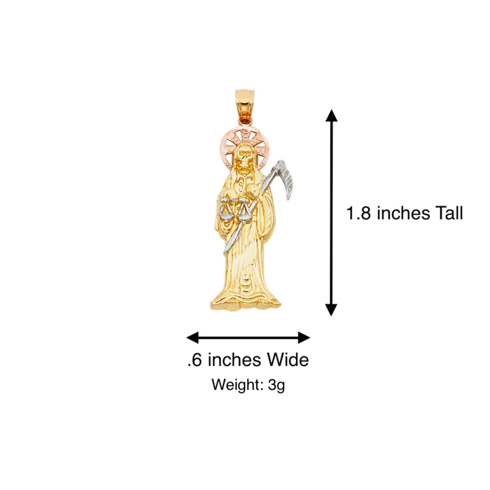14k Gold Santa Muerte Necklace - Tri Tone Diamond Cut Santa Muerte Gold Pendant - Solid Chain - LE0096