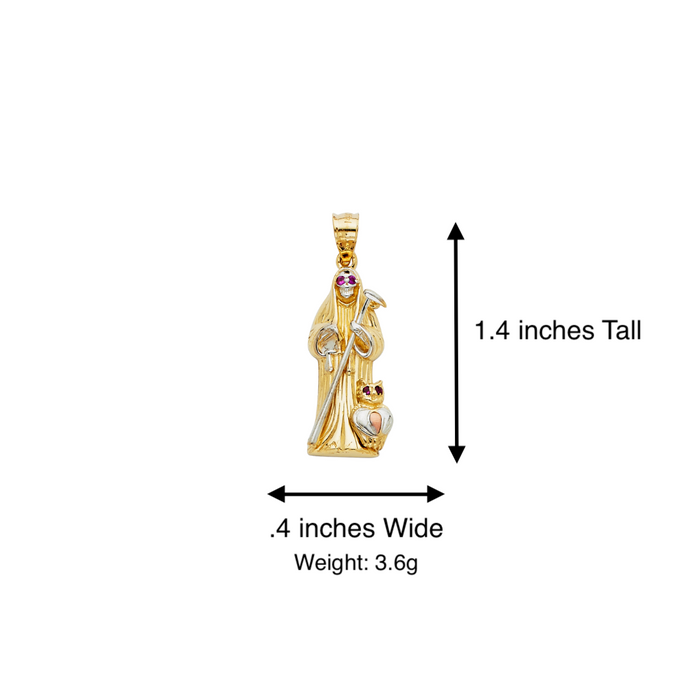 14k Gold Santa Muerte Necklace - Two Tone Gemstone Eyes Santa Muerte Gold Pendant - Solid Chain - LE2126
